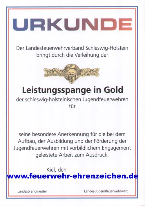 URKUNDE / Der Landesfeuerwehrverband Schleswig-Holstein bringt durch die Verleihung der Leistungsspange in Gold der schleswig-holsteinischen Jugendfeuerwehren für xxxx seine besondere Anerkennung für die bei dem Aufbau, der Ausbildung und der Förderung der Jugendfeuerwehren mit vorbildlichem Engagement geleistete Arbeit zum Ausdruck